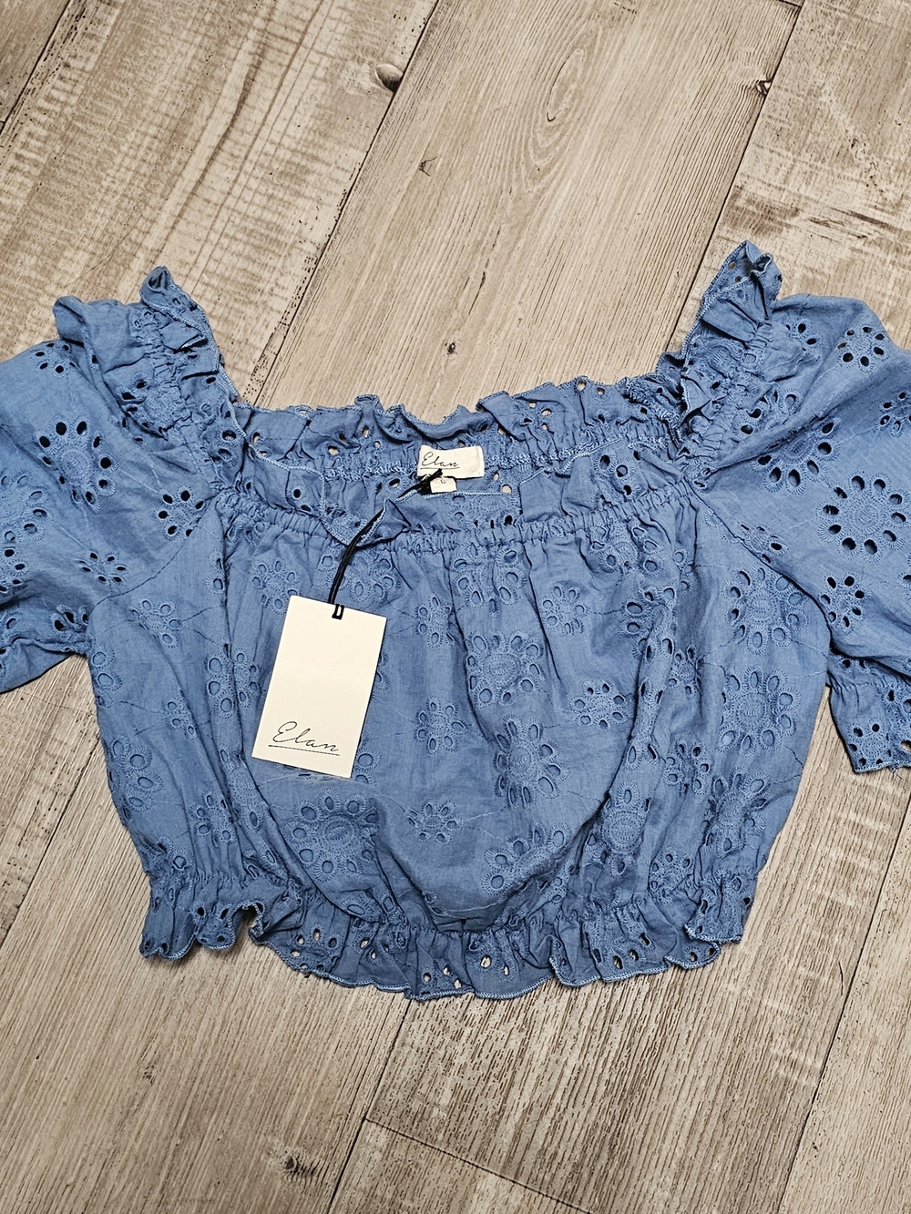 Elan Light Blue Eyelet Off-Shoulder Crop Top